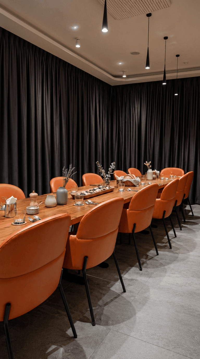 Carbon KL's private dining room, a long table set for fourteen behind floor-to-ceiling curtains